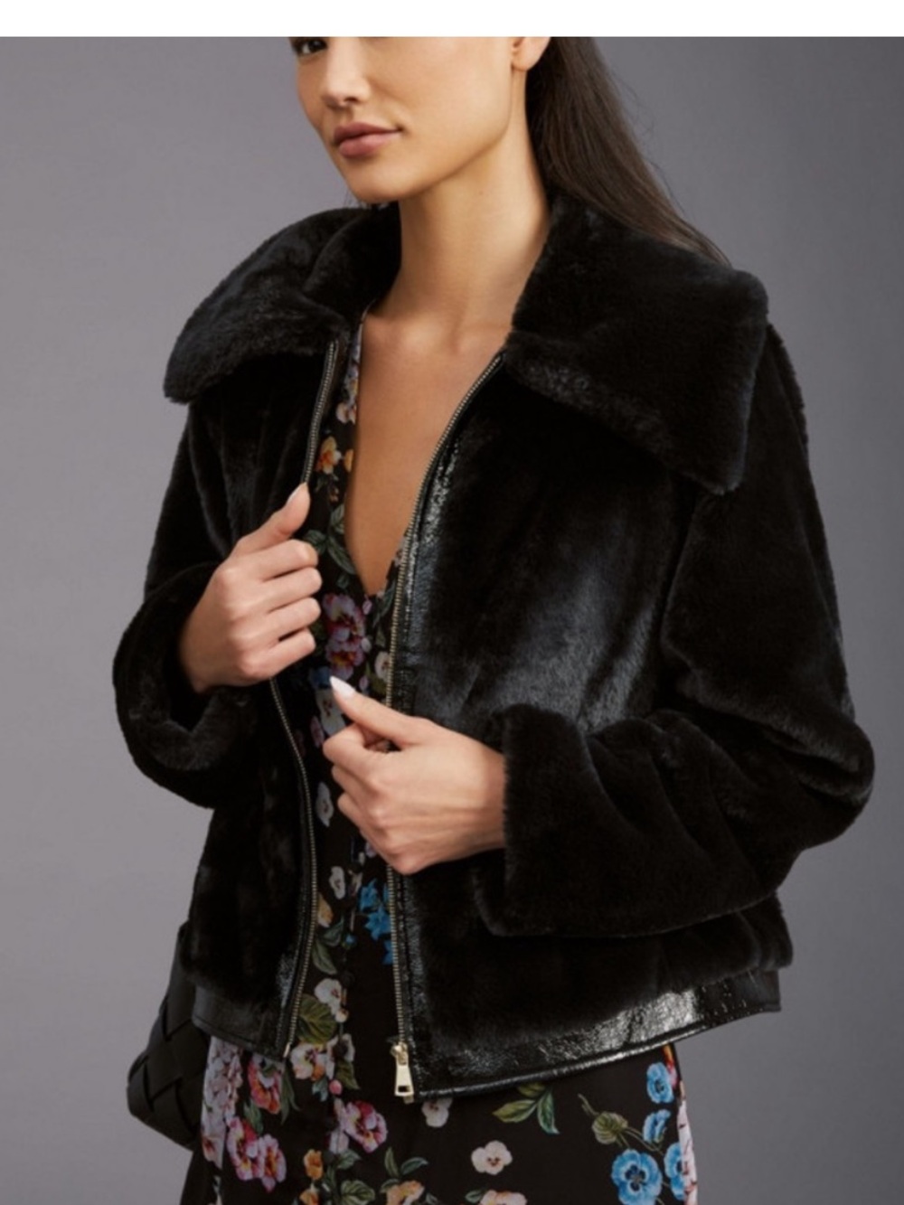 Anthropologie Black Faux Fur Cropped Zip Jacket